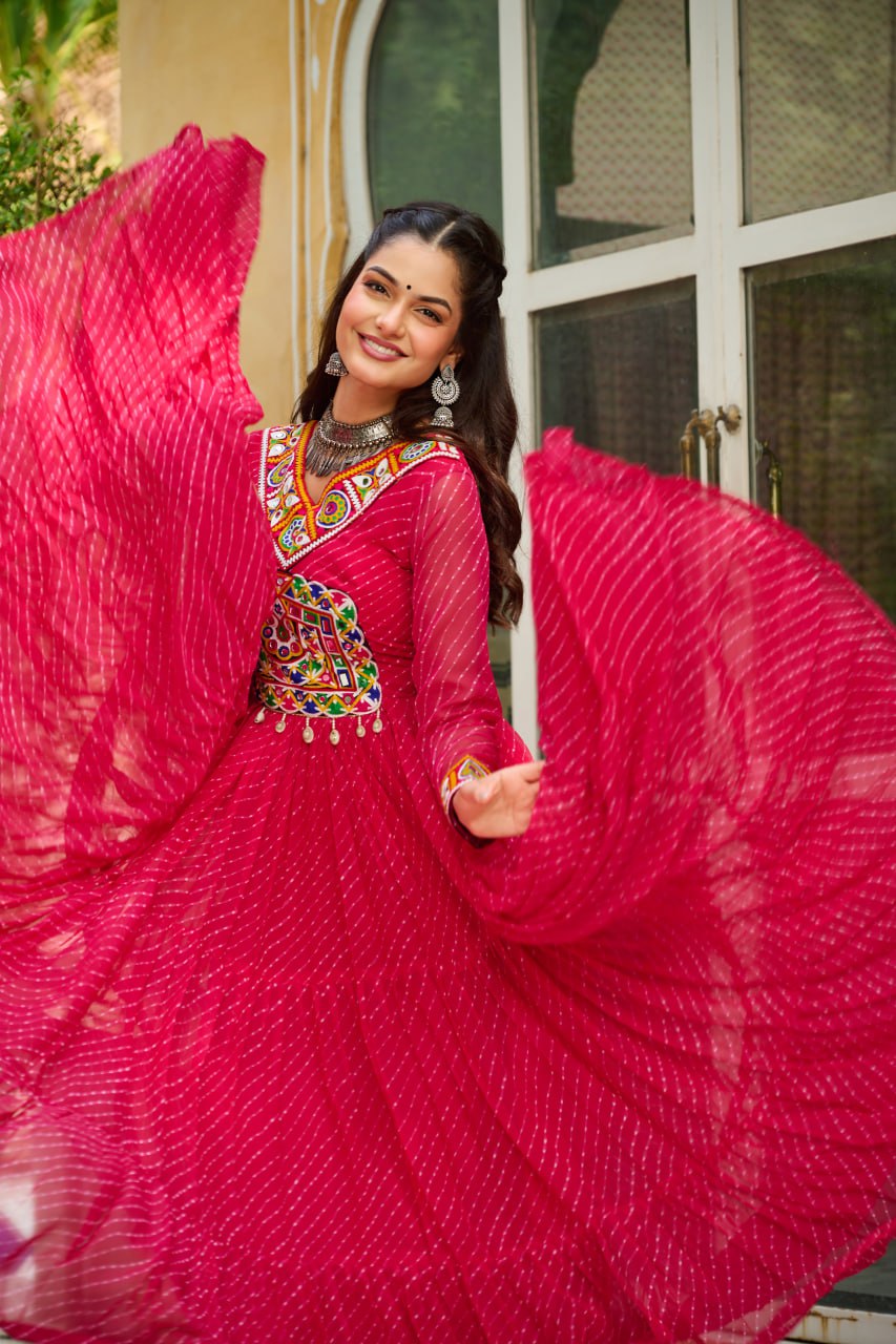 Navratri Special Ethnic Mirror Embroidered Georgette Flared Gown