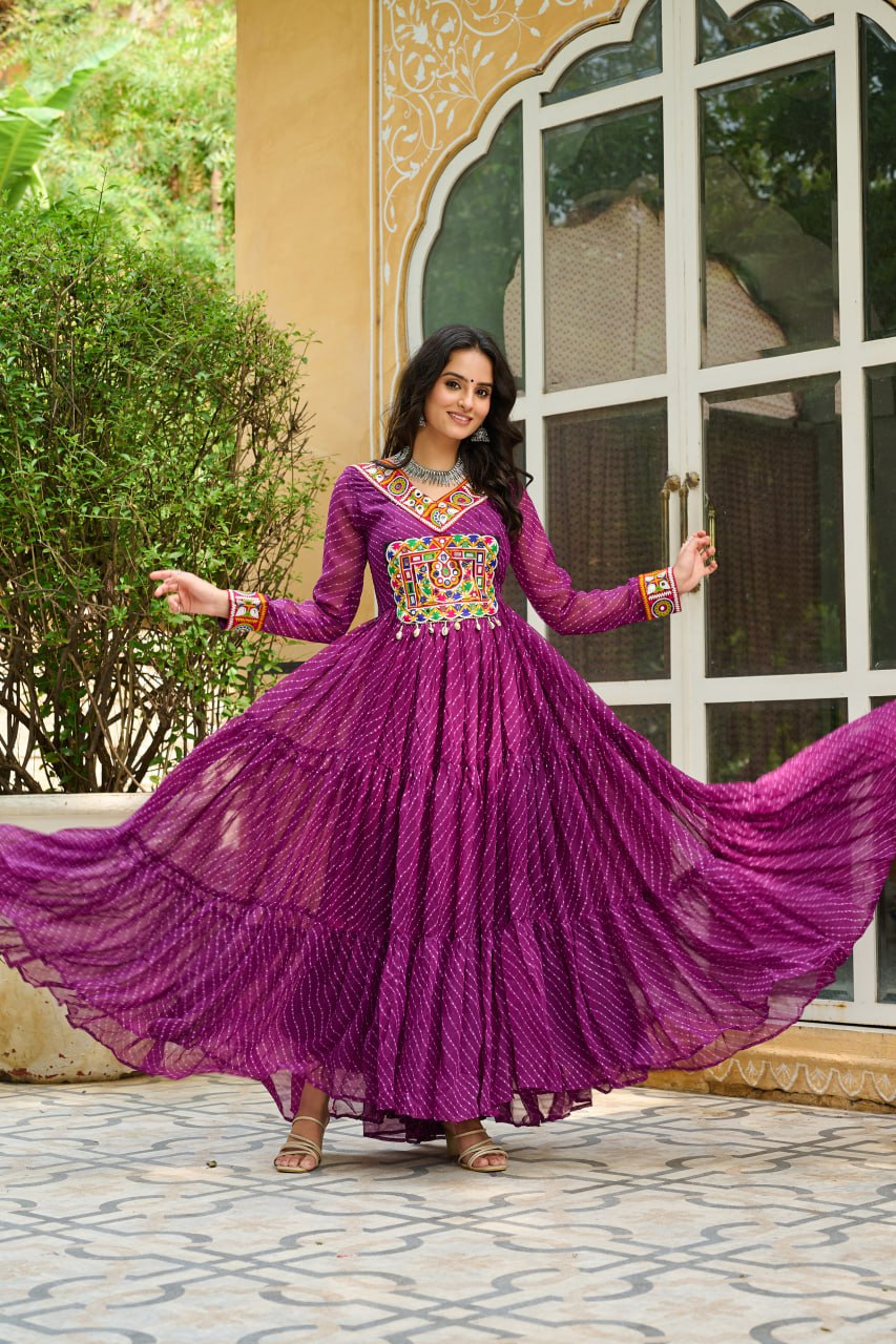 Navratri Special Ethnic Mirror Embroidered Georgette Flared Gown