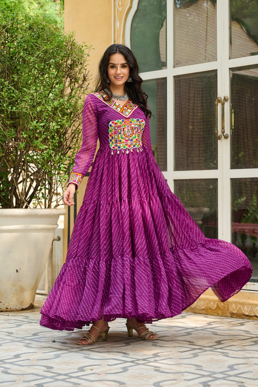 Navratri Special Ethnic Mirror Embroidered Georgette Flared Gown