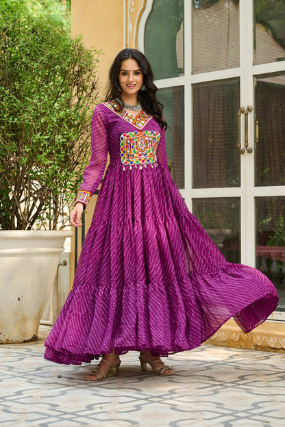 Navratri Special Ethnic Mirror Embroidered Georgette Flared Gown