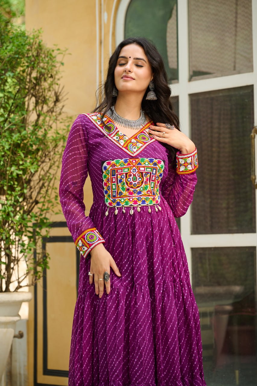 Navratri Special Ethnic Mirror Embroidered Georgette Flared Gown