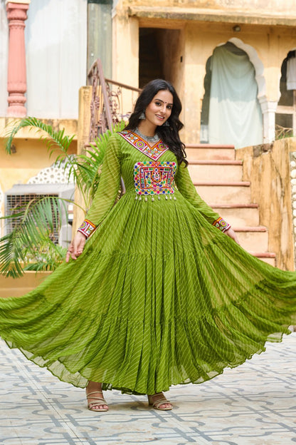 Navratri Special Ethnic Mirror Embroidered Georgette Flared Gown