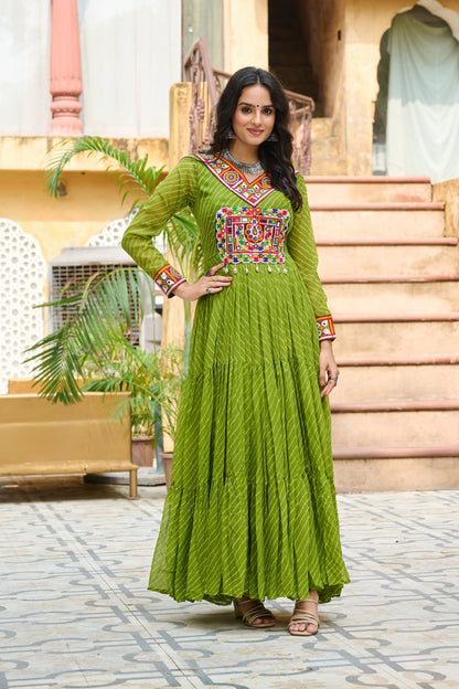 Navratri Special Ethnic Mirror Embroidered Georgette Flared Gown