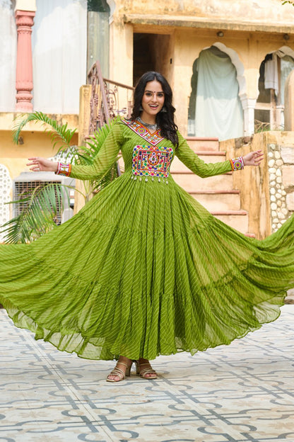 Navratri Special Ethnic Mirror Embroidered Georgette Flared Gown
