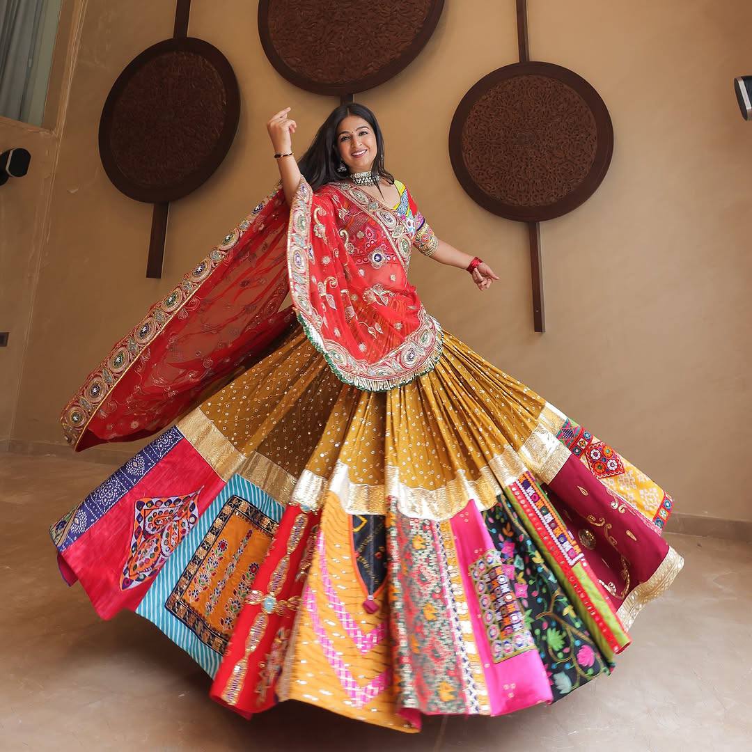 Golden Glow & Bandhani Breeze Traditional Patchwork Navratri Lehenga Set