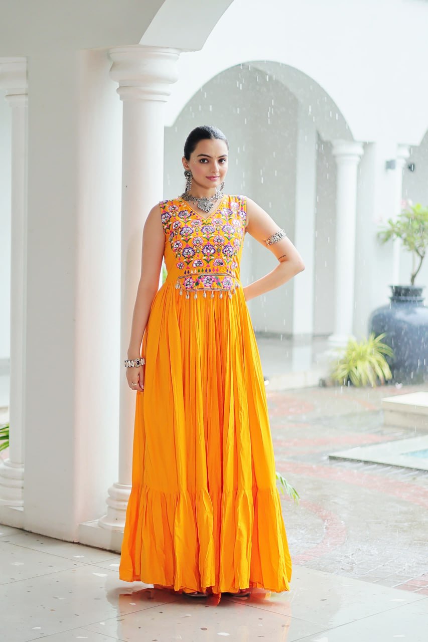 Nazaara Festive Flare Embroidered Mirror Work  Anarkali Gown