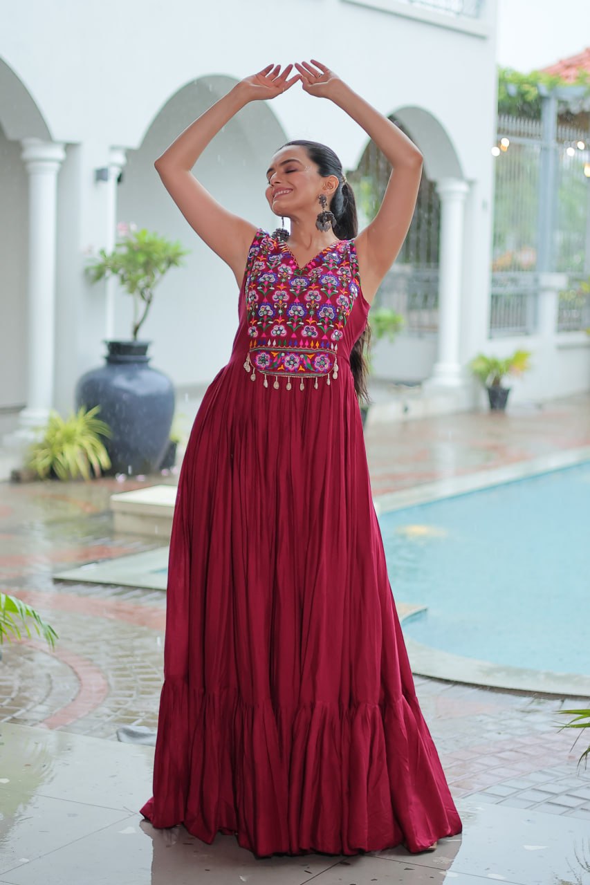 Nazaara Festive Flare Embroidered Mirror Work  Anarkali Gown