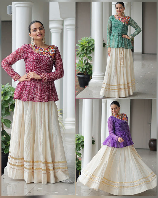 Vrinda Elegant Mirror Work Bandhani Top with Cream Flared Lehenga