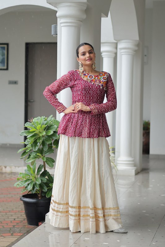 Vrinda Elegant Mirror Work Bandhani Top with Cream Flared Lehenga