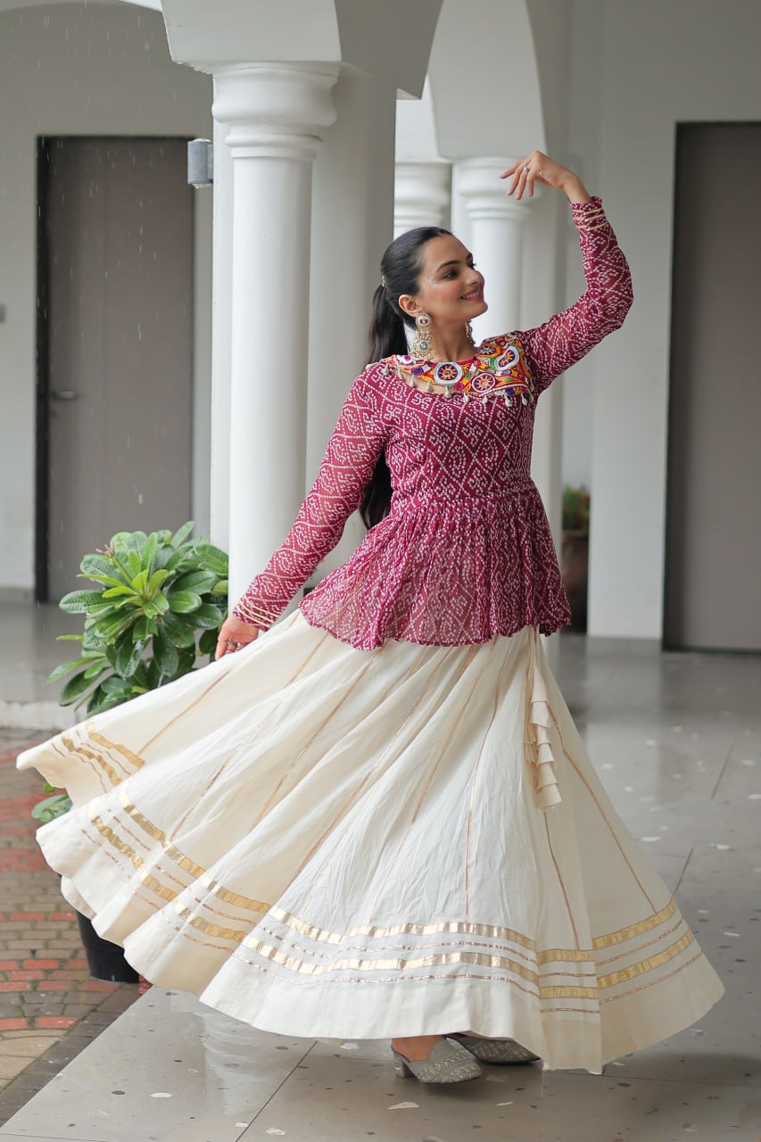 Vrinda Elegant Mirror Work Bandhani Top with Cream Flared Lehenga