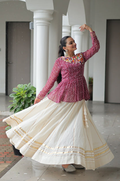 Vrinda Elegant Mirror Work Bandhani Top with Cream Flared Lehenga
