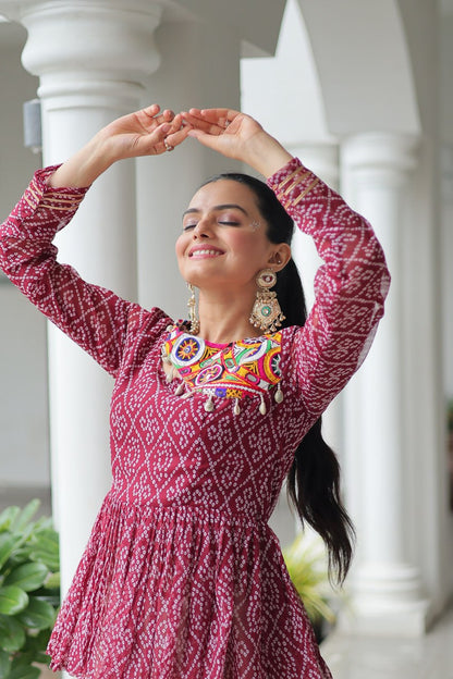 Vrinda Elegant Mirror Work Bandhani Top with Cream Flared Lehenga