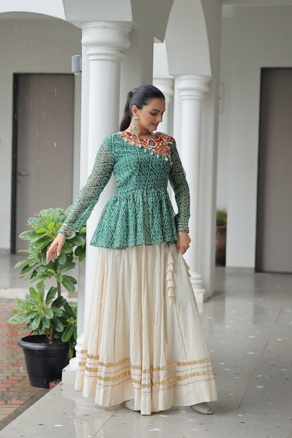 Vrinda Elegant Mirror Work Bandhani Top with Cream Flared Lehenga