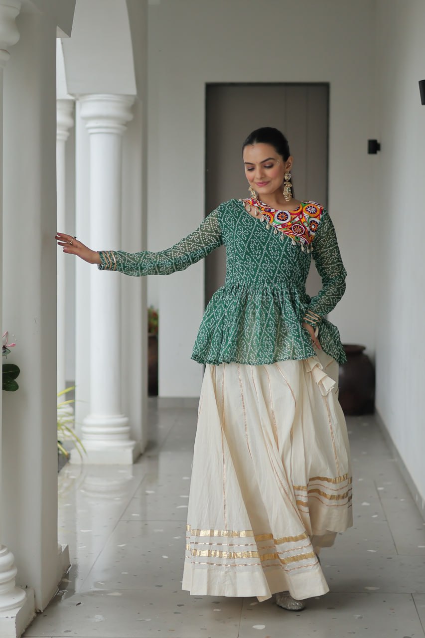 Vrinda Elegant Mirror Work Bandhani Top with Cream Flared Lehenga