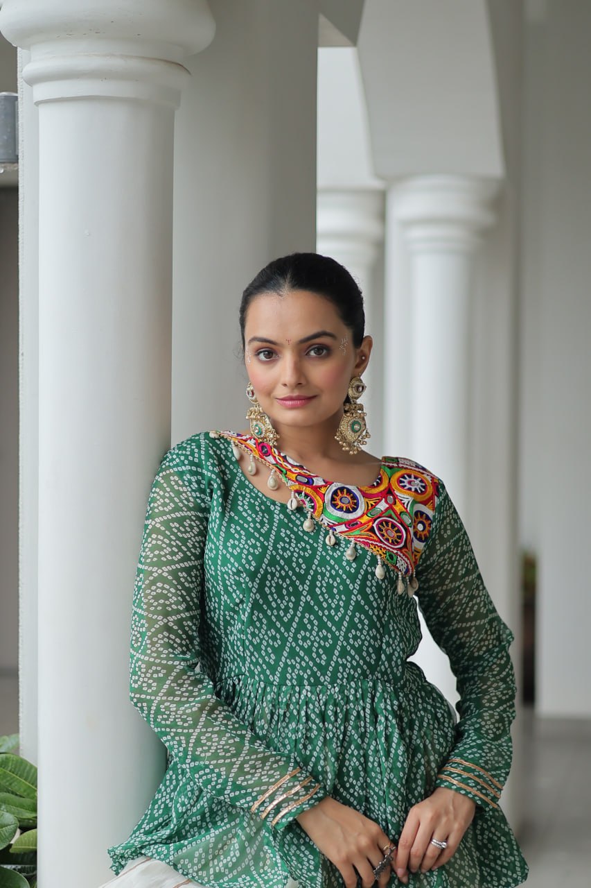 Vrinda Elegant Mirror Work Bandhani Top with Cream Flared Lehenga