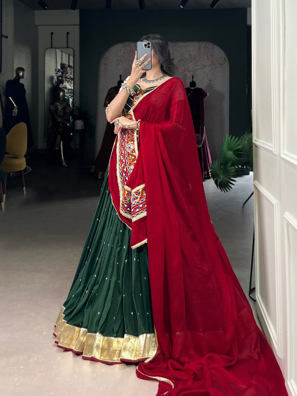 Rangreet Royalty Mirror Work Lehenga Choli with Maroon Dupatta