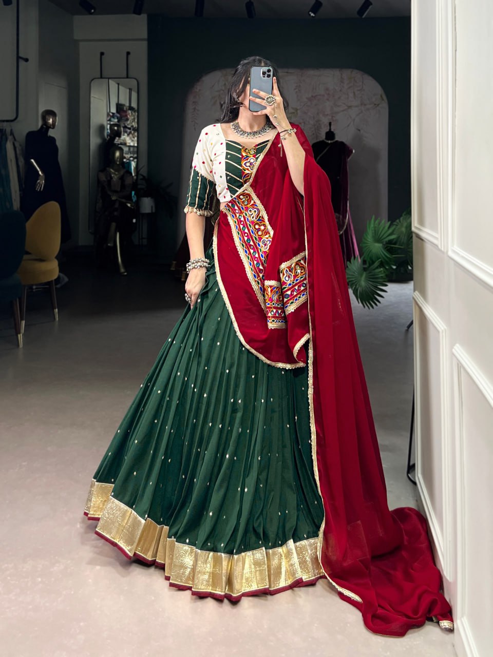Rangreet Royalty Mirror Work Lehenga Choli with Maroon Dupatta