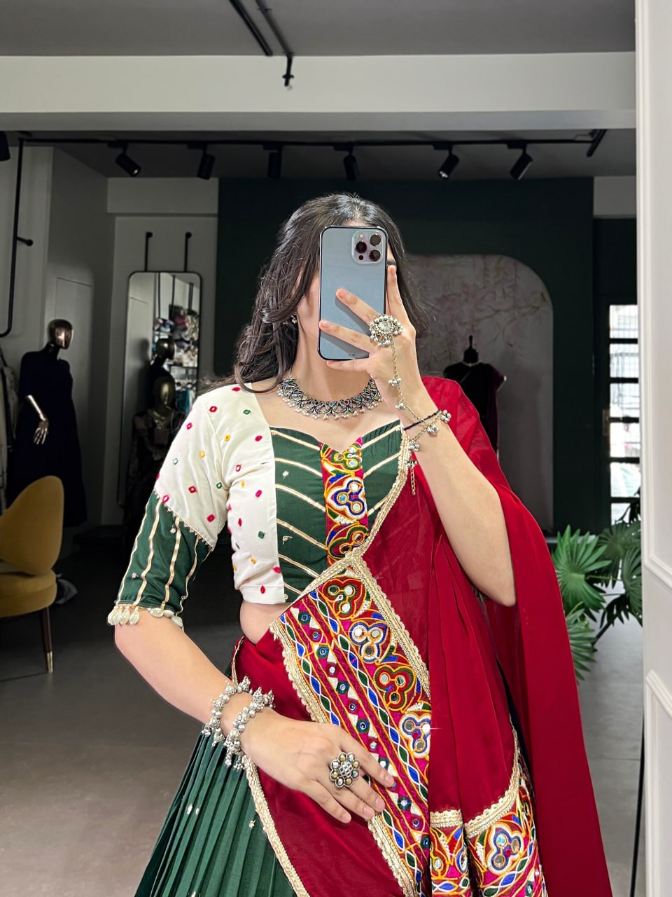 Rangreet Royalty Mirror Work Lehenga Choli with Maroon Dupatta