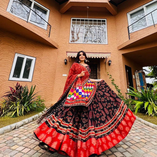 Royal Rajasthani Red & Black Mirrorwork Bandhani Drape Lehenga Choli