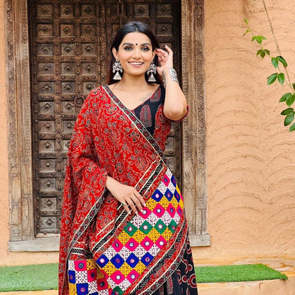 Royal Rajasthani Red & Black Mirrorwork Bandhani Drape Lehenga Choli