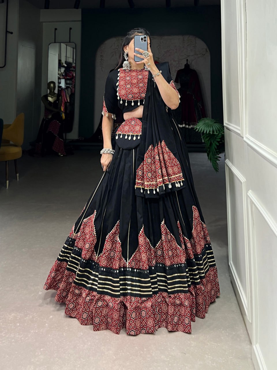 GarbaGlow Black & Maroon Handcrafted Look with Tribal Touch Lehenga Set