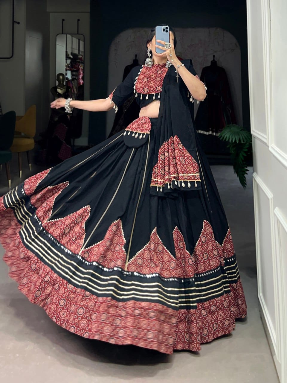 GarbaGlow Black & Maroon Handcrafted Look with Tribal Touch Lehenga Set