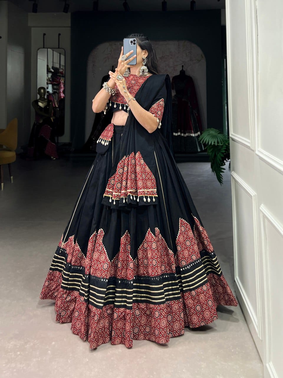 GarbaGlow Black & Maroon Handcrafted Look with Tribal Touch Lehenga Set