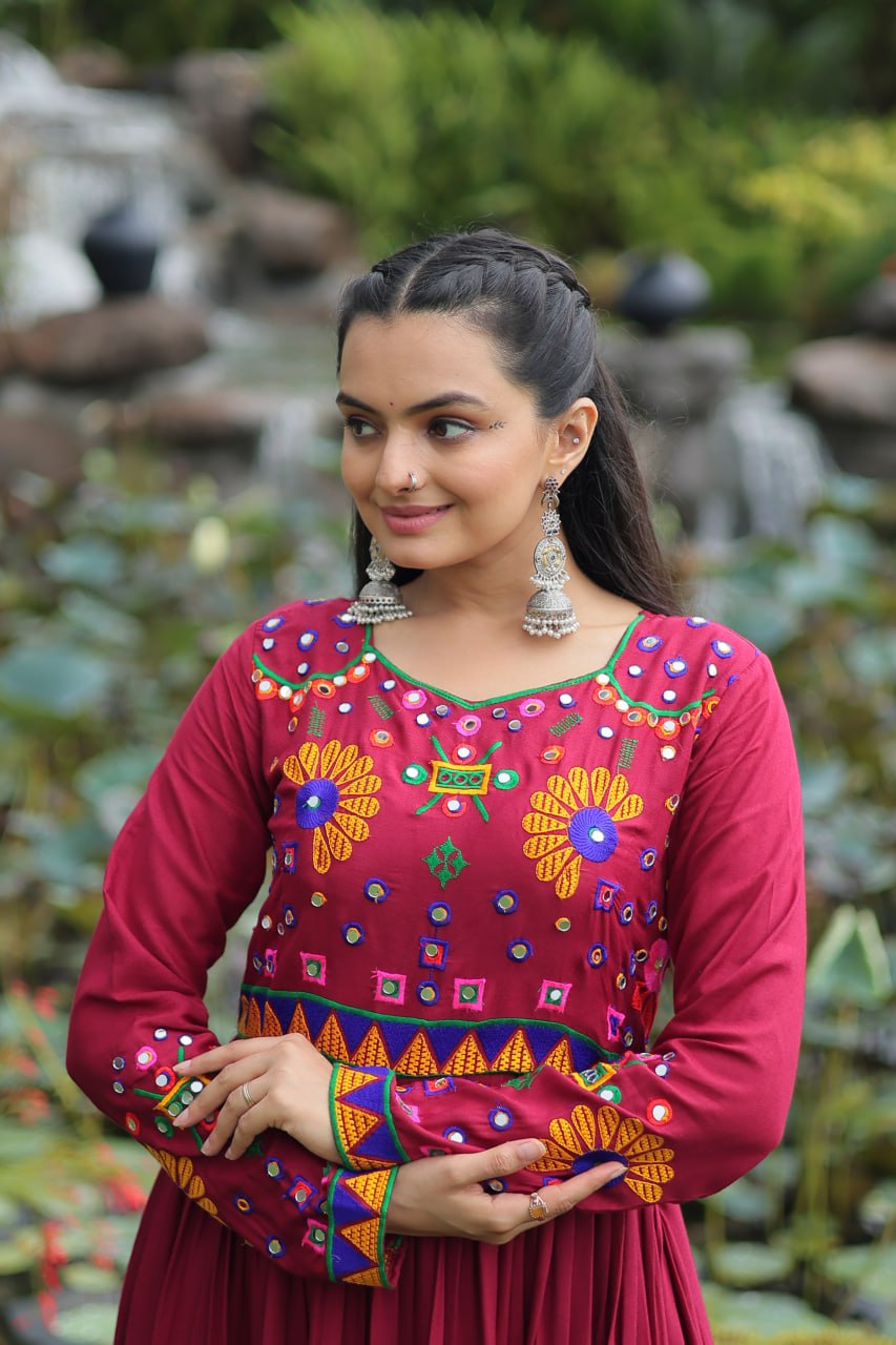 Meera Mirrorwork Flare Gown with Vibrant Thread Embroidery