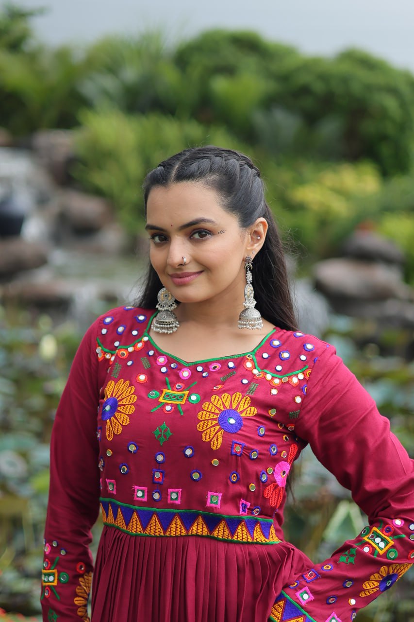 Meera Mirrorwork Flare Gown with Vibrant Thread Embroidery