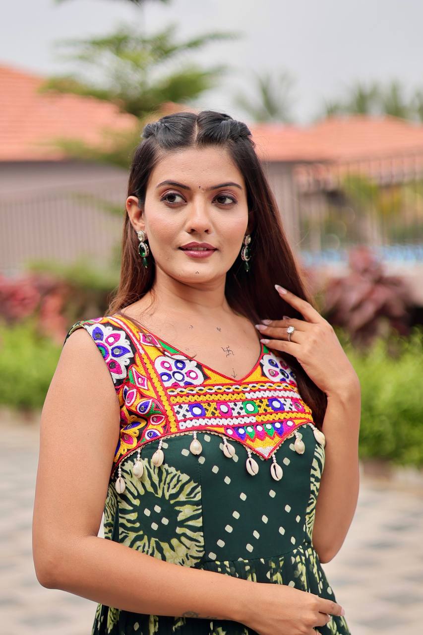 Myra Bandhani Mirror Work Flared Cotton Anarkali Work