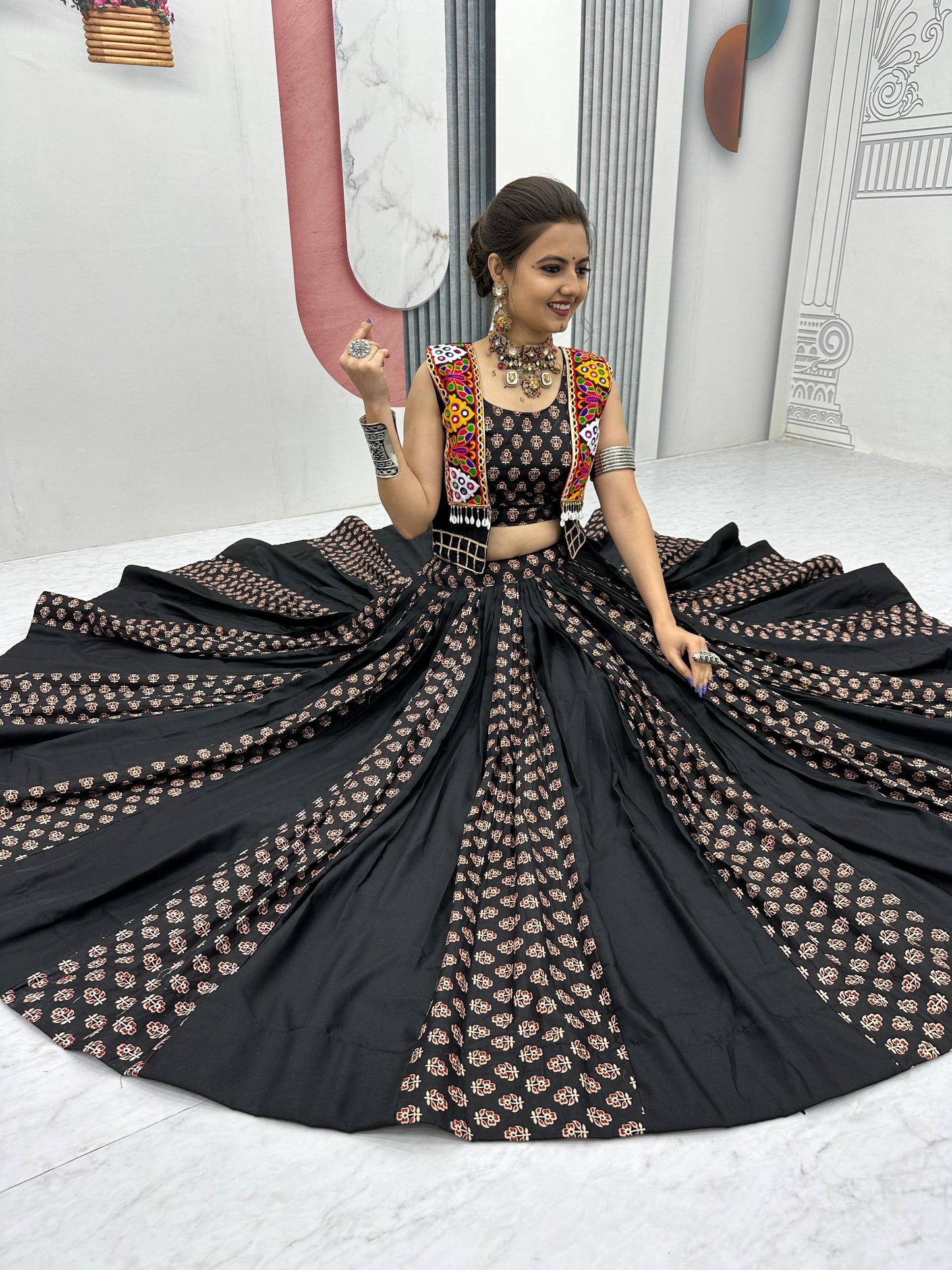 Rajrani Pure Cotton Lehenga with Kutchi Mirror Jacket