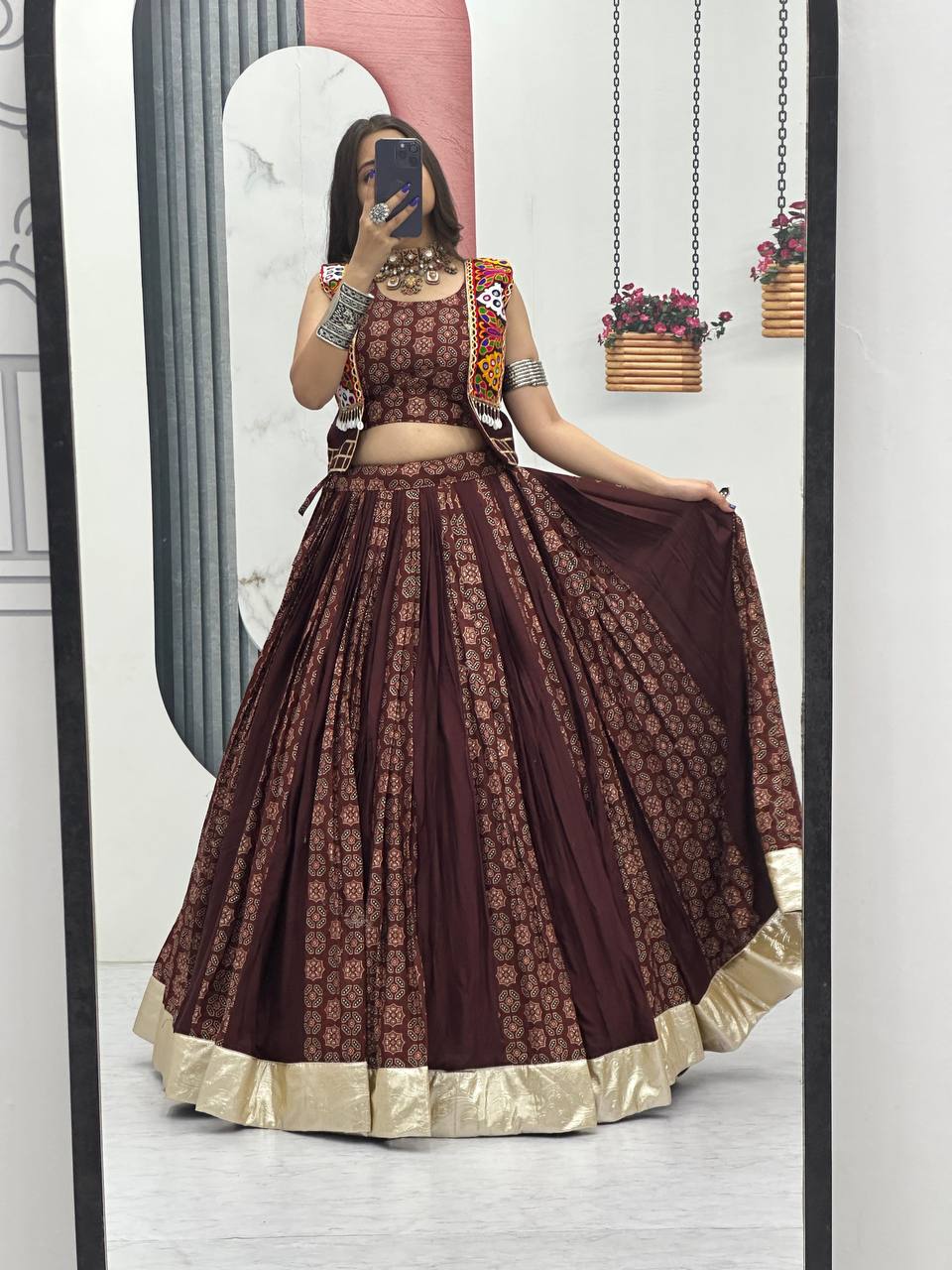 Rajrani Pure Cotton Lehenga with Kutchi Mirror Jacket