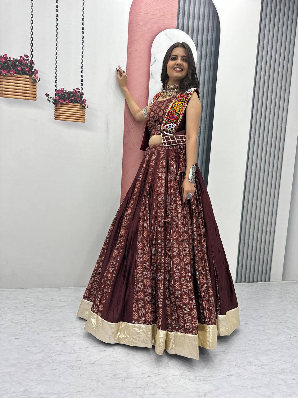 Rajrani Pure Cotton Lehenga with Kutchi Mirror Jacket