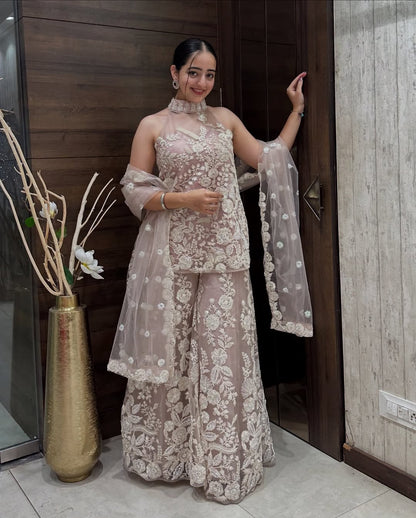 Ruhi Exquisite Net Fabric with Dori Work, Sequins And White Cutdana