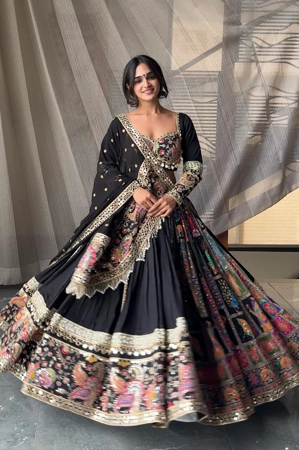 Aarohi Black Multicolor Embroidered Mirrorwork Lehenga Set