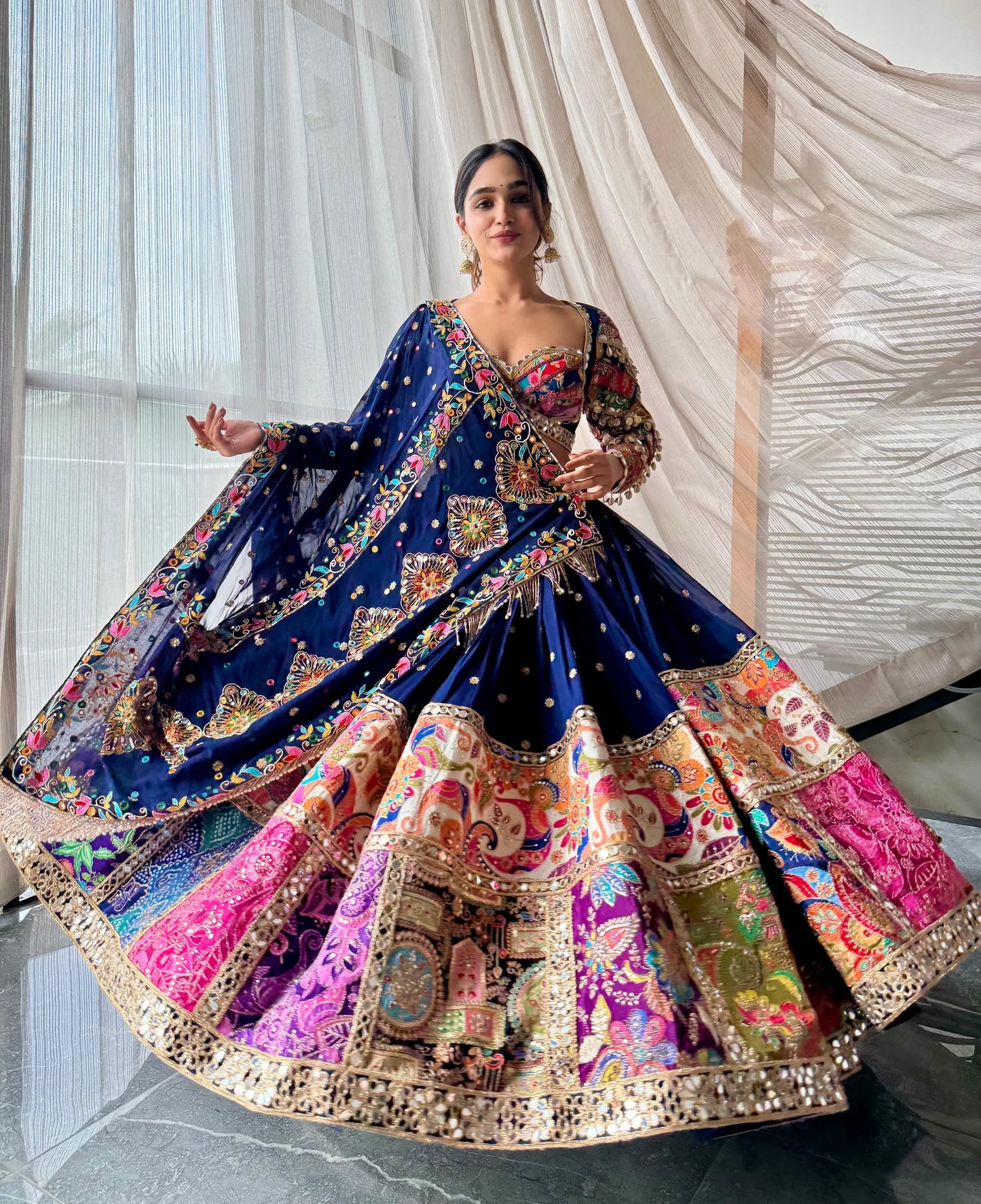 Aarohi Navy Mirror Work Rajasthani Patch Embroidery Lehenga set