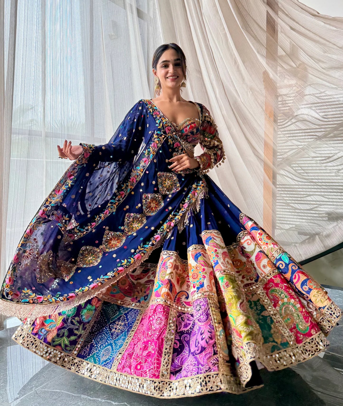 Aarohi Navy Mirror Work Rajasthani Patch Embroidery Lehenga set