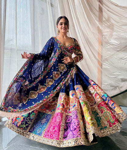 Aarohi Navy Mirror Work Rajasthani Patch Embroidery Lehenga set