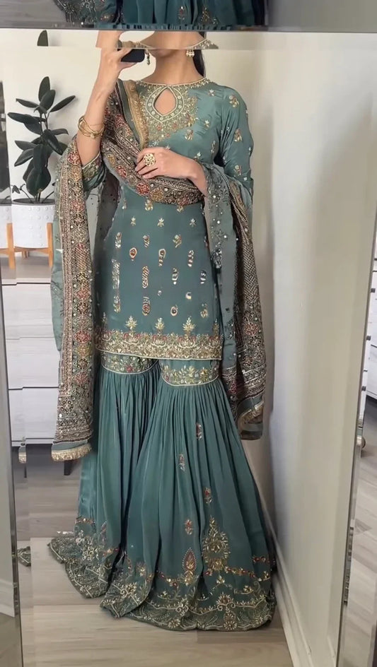 Izhar Teal Green Festive Wear Embroidered Sharara Set