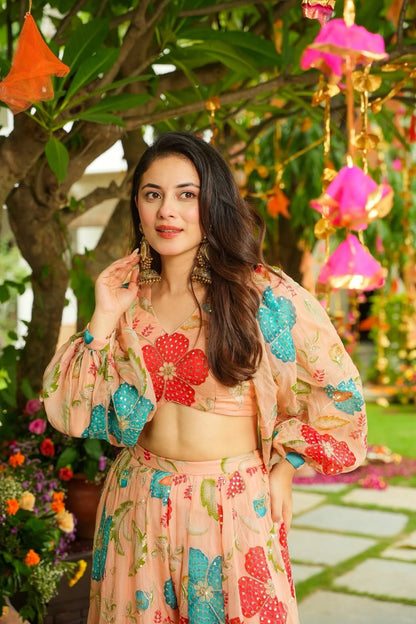 Aarohi Peach Floral Organza Lehenga with Crop Top & Cape Sleeves