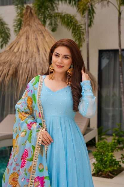 Lotus Radiance Blue Organza Anarkali Suit Set