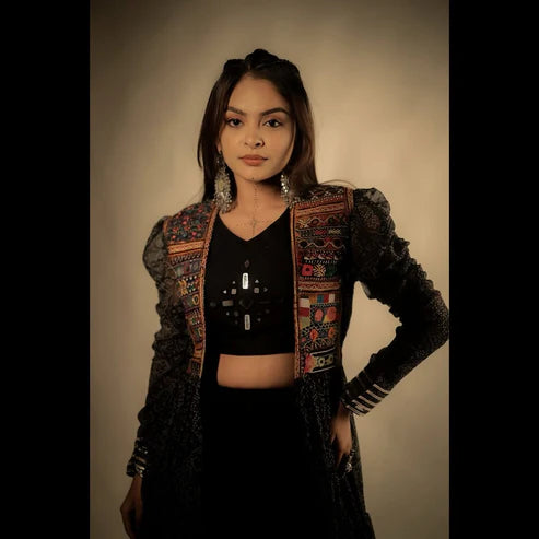 Ruhi Black Bandhani Vibrant Kutchi Shrug Lahenga Set