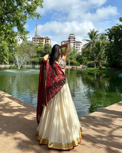 Chandni Grace Cream & Maroon Mirror Work Lehenga choli