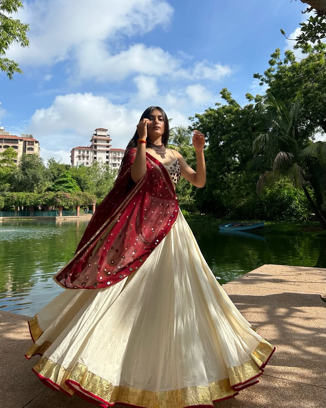 Chandni Grace Cream & Maroon Mirror Work Lehenga choli