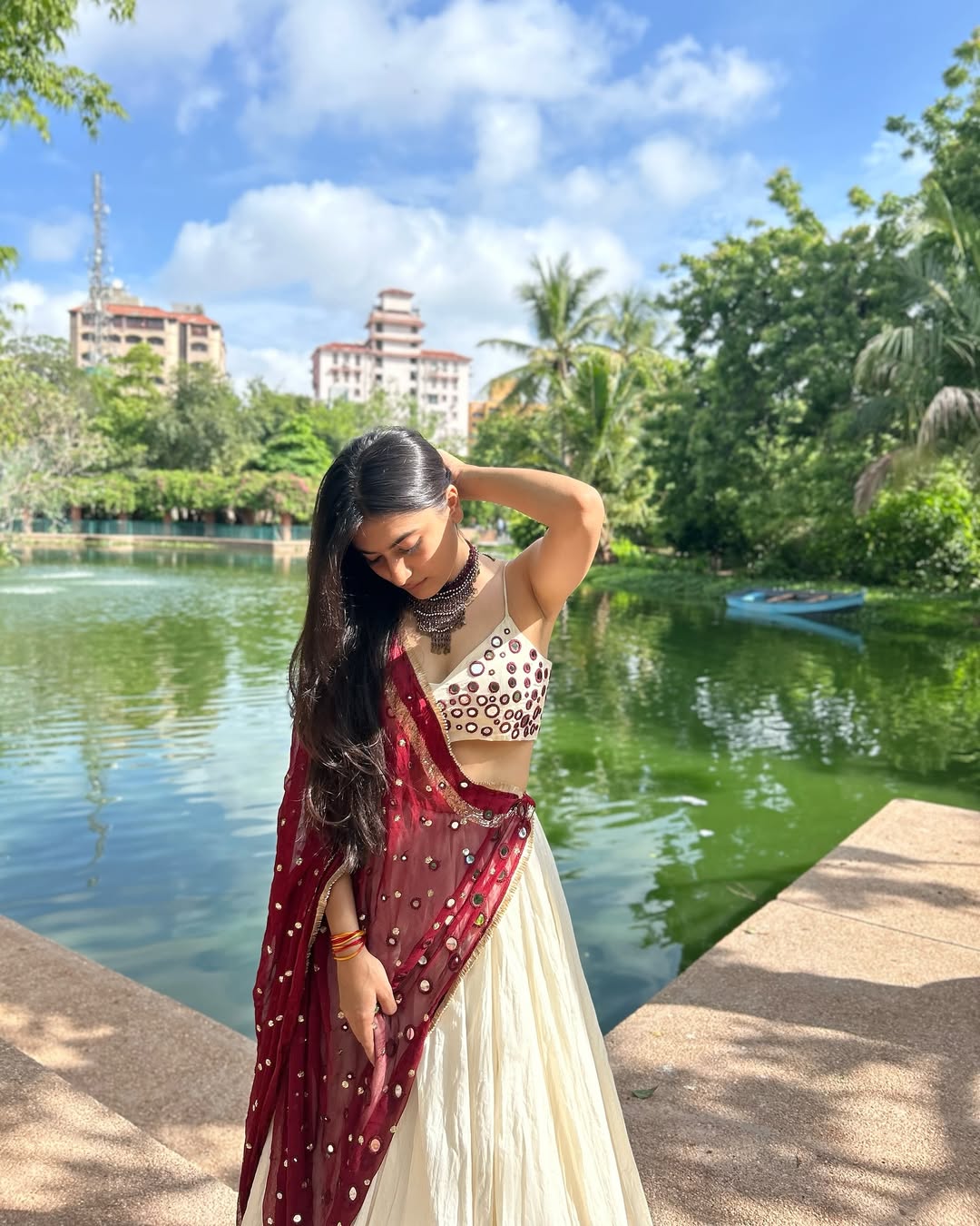 Chandni Grace Cream & Maroon Mirror Work Lehenga choli