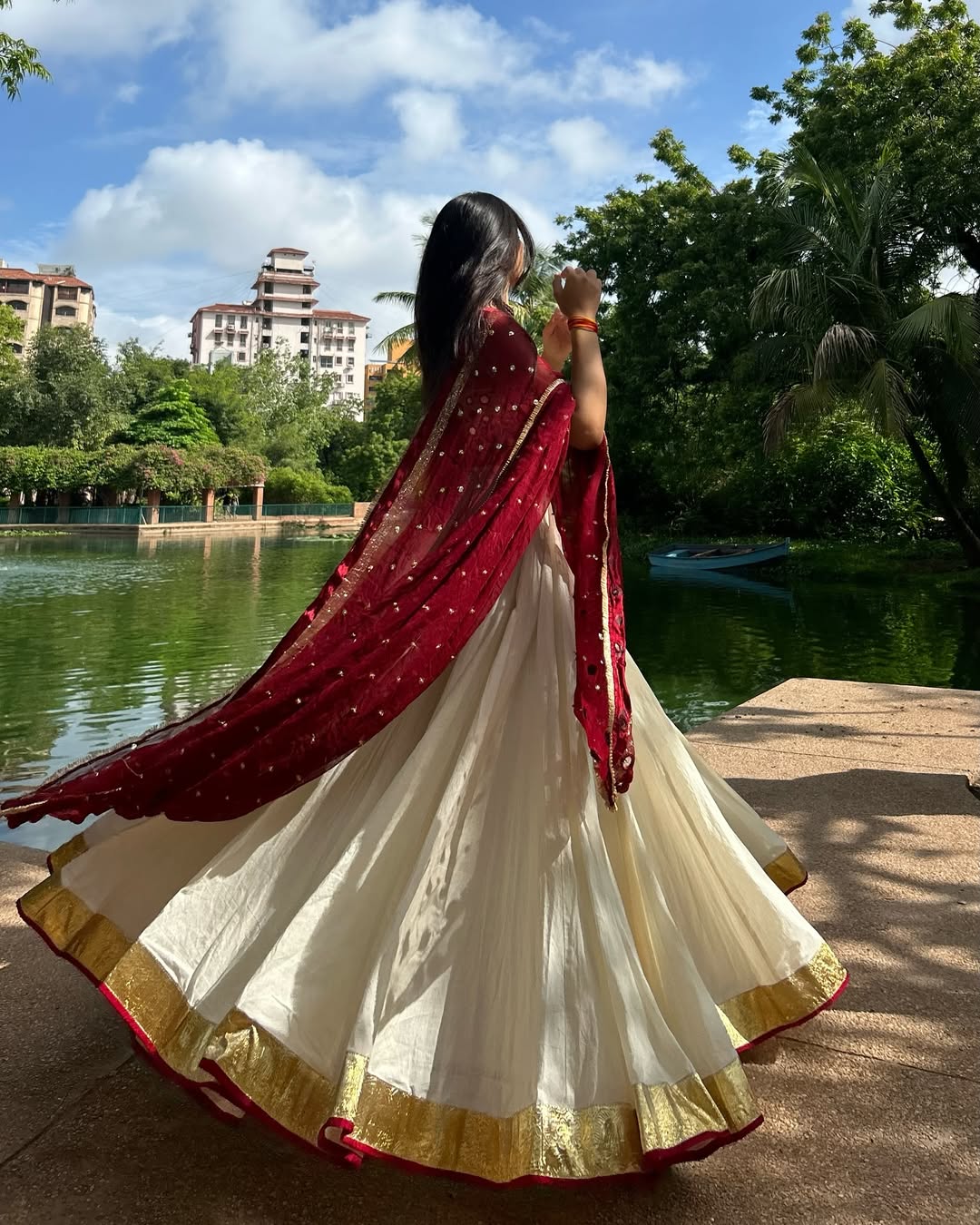 Chandni Grace Cream & Maroon Mirror Work Lehenga choli