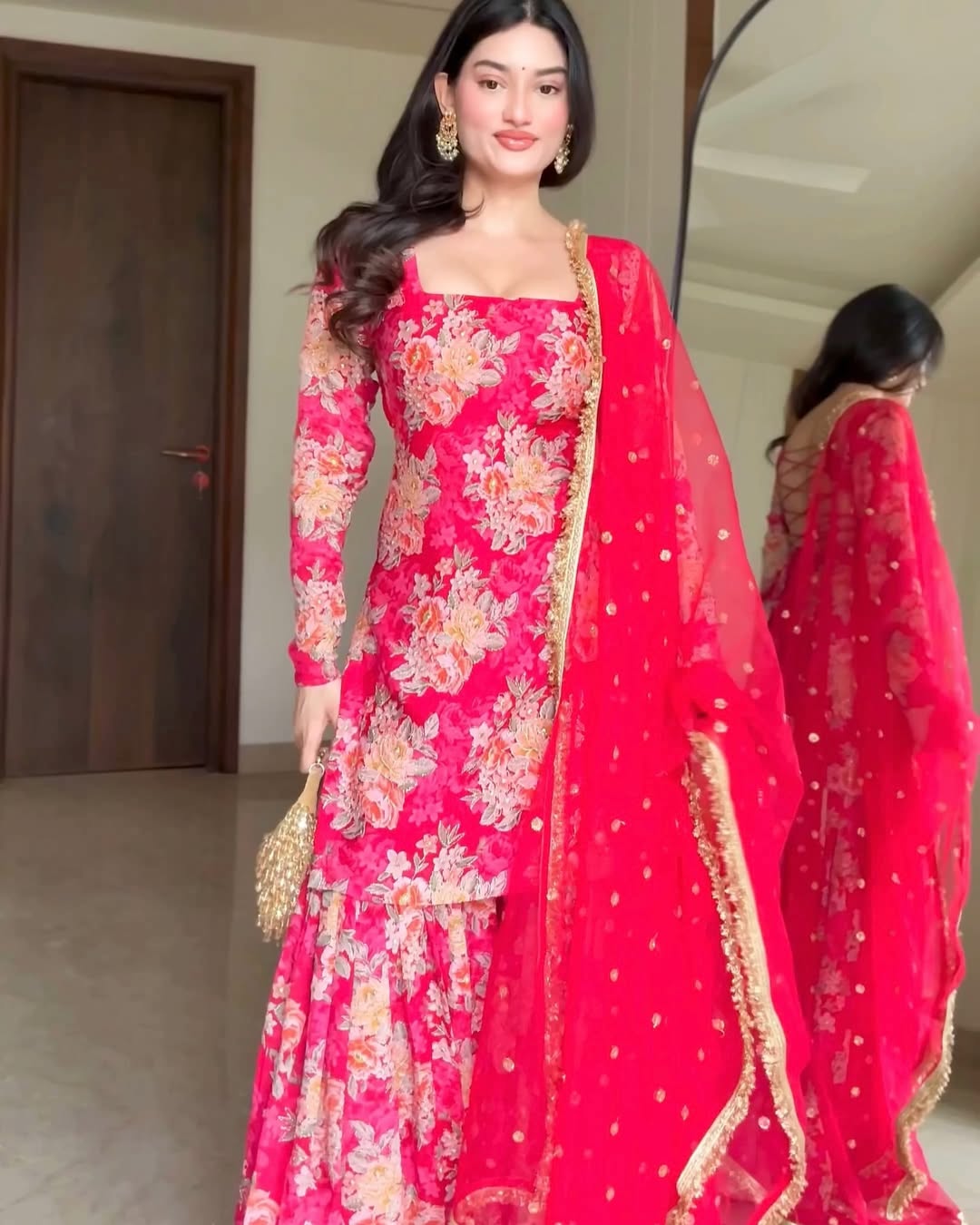 “Aarvi – Rose Red Floral Embroidered Sharara Set