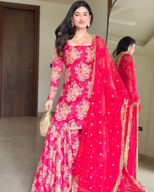 “Aarvi – Rose Red Floral Embroidered Sharara Set