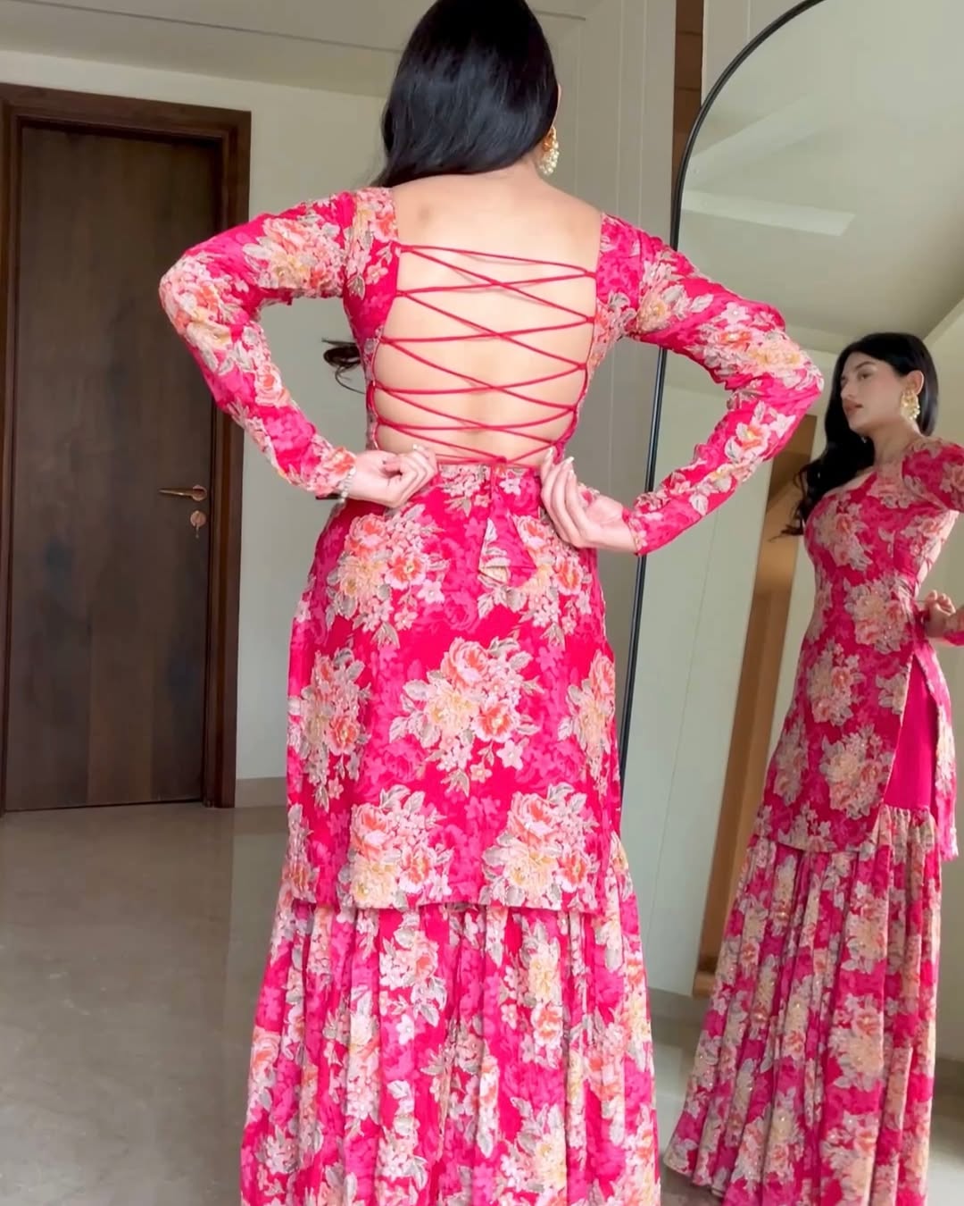 “Aarvi – Rose Red Floral Embroidered Sharara Set
