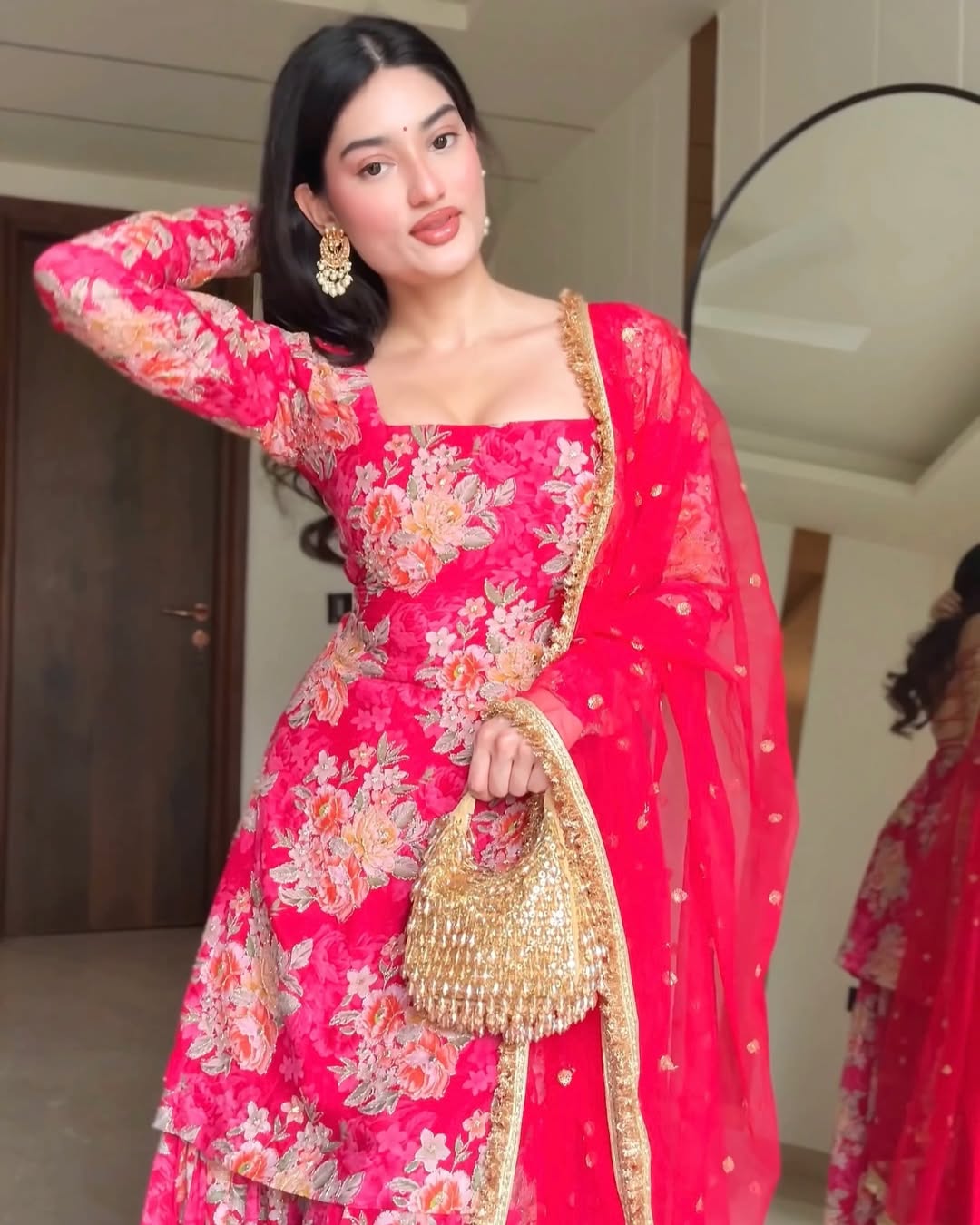 “Aarvi – Rose Red Floral Embroidered Sharara Set